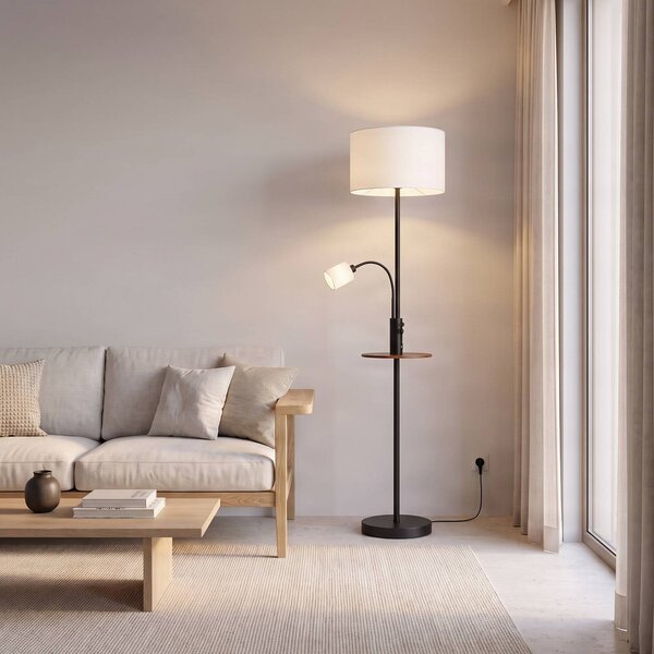 Lindby stojaca lampa Aovan, čierna, odkladací priestor, USB port, Čierna, Obývacia izba / jedáleň, kov, Moderný, Stojaca lampa