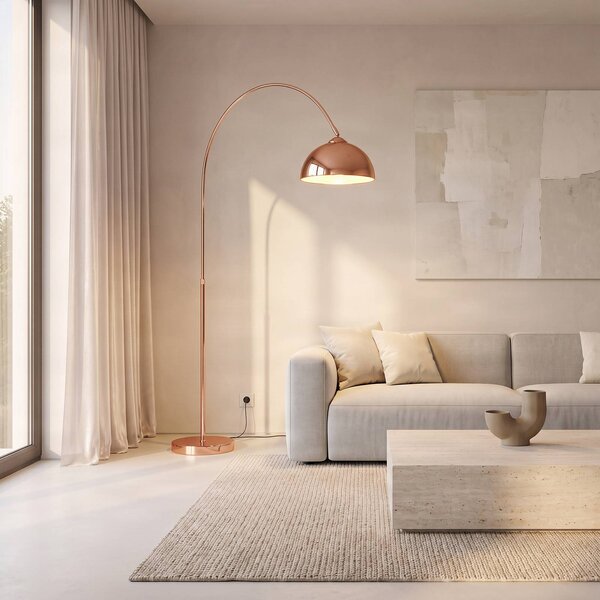 Lindby Oblúková lampa Lennart, medená, výškovo nastaviteľná, E27, Meď, Obývacia izba / jedáleň, kov, Moderný, Oblúková stojaca lampa