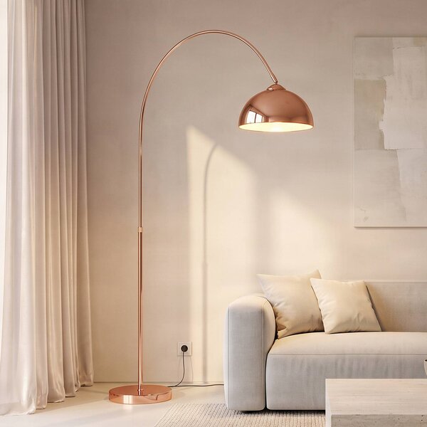 Lindby Oblúková lampa Lennart, medená, výškovo nastaviteľná, E27, Meď, Obývacia izba / jedáleň, kov, Moderný, Oblúková stojaca lampa