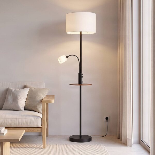 Lindby stojaca lampa Aovan, čierna, odkladací priestor, USB port, Čierna, Obývacia izba / jedáleň, kov, Moderný, Stojaca lampa