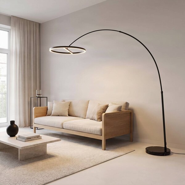 Lucande LED oblúková stojacia lampa Virvera, okrúhla, čierna, kov, Čierna, Obývacia izba / jedáleň, Hliník, Moderný, Oblúková stojaca lampa