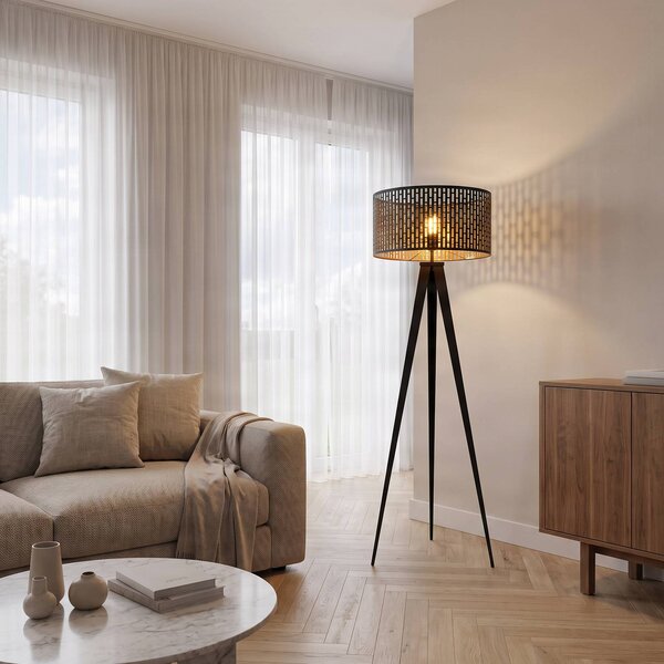 Lindby Stojacia lampa Thoralf, trojnožka, čierna, textil, Ø50cm, Čierna, Obývacia izba / jedáleň, kov, Trojhran