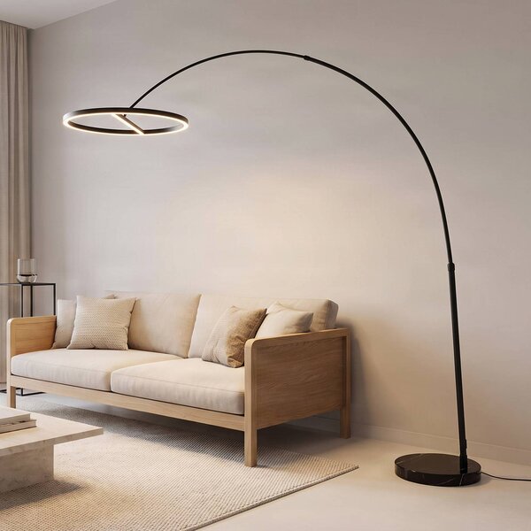 Lucande LED oblúková stojacia lampa Virvera, okrúhla, čierna, kov, Čierna, Obývacia izba / jedáleň, Hliník, Moderný, Oblúková stojaca lampa