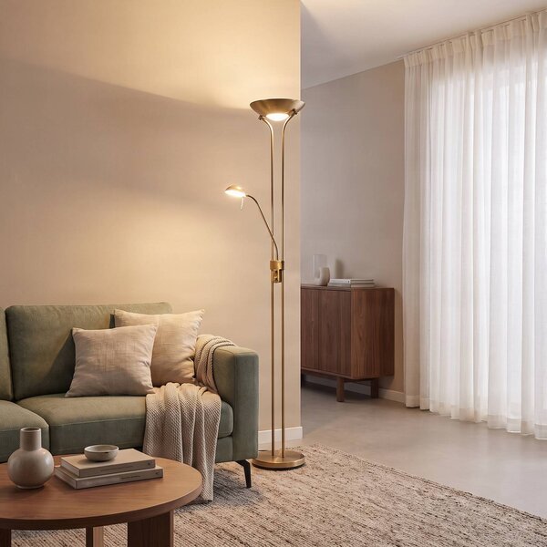 Lindby LED stojacia lampa Josefin, bronzová, svetlo na čítanie, stmievateľné, Hnedá / staromosadz, Obývacia izba / jedáleň, kov, Moderný, Zemné bodové svetlo