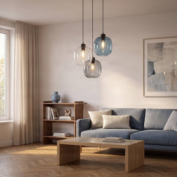 TK Lighting Závesné svietidlo Elio, sklo, modrá/čierna/sivá, Ø 52 cm, 3 svetlá, Jasné / priehľadné, Obývacia izba / jedáleň, Sklo, Moderný, Závesné svietidlo