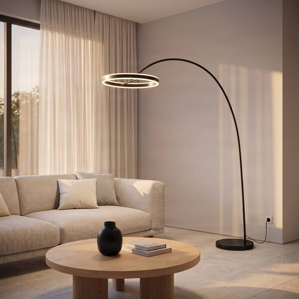 Lucande Oblúková lampa LED Yekta, čierna, 183 cm, stmievateľná, Čierna, Obývacia izba / jedáleň, kov, Dizajn, Oblúková stojaca lampa