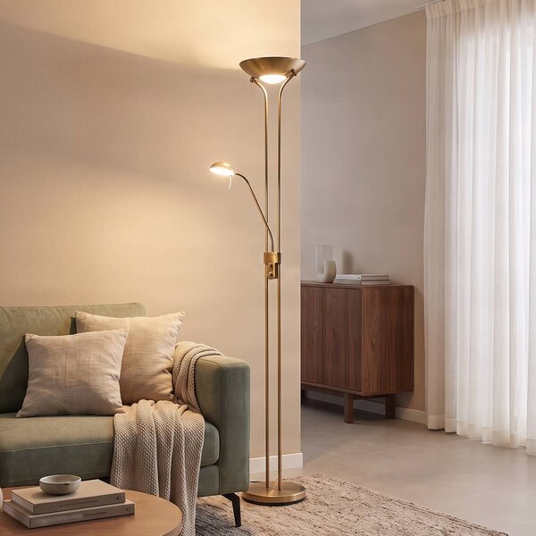 Lindby LED stojacia lampa Josefin, bronzová, svetlo na čítanie, stmievateľné, Hnedá / staromosadz, Obývacia izba / jedáleň, kov, Moderný, Zemné bodové svetlo