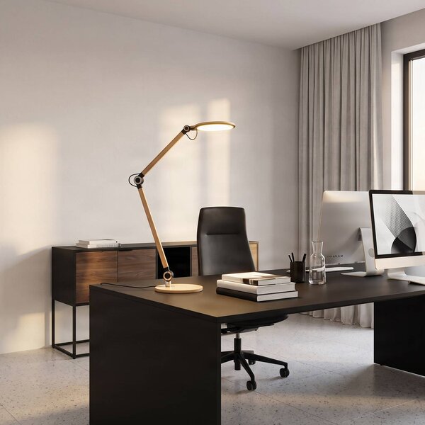 Lindby Stolná LED lampa Nyxaris, zlatá, kov, 50 cm, Mosadz / zlato, Pracovňa / Kancelária, Plast, Moderný, Stolová lampa