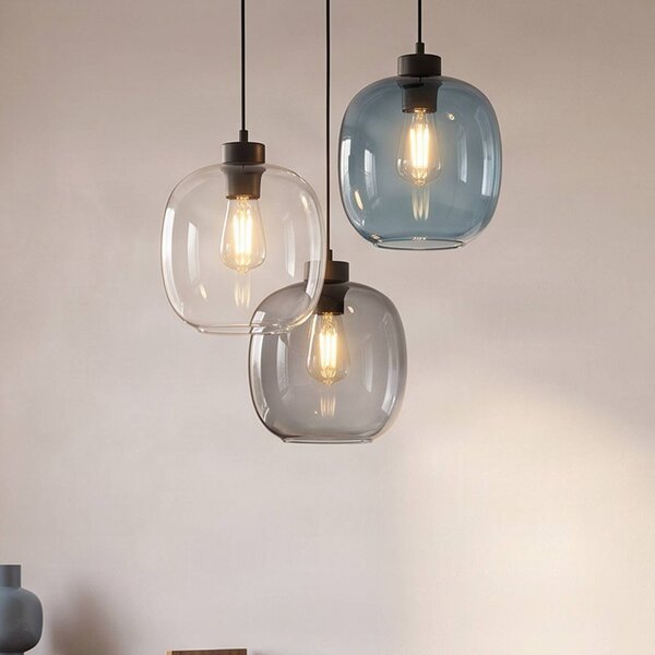 TK Lighting Závesné svietidlo Elio, sklo, modrá/čierna/sivá, Ø 52 cm, 3 svetlá, Jasné / priehľadné, Obývacia izba / jedáleň, Sklo, Moderný, Závesné svietidlo