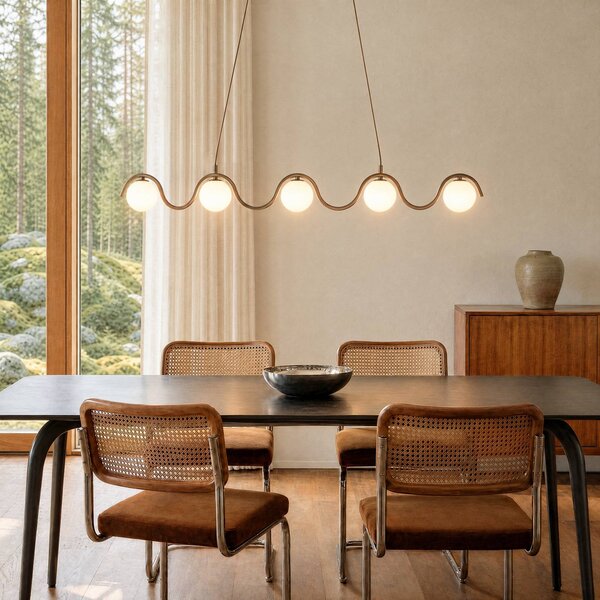 EMIBIG LIGHTING Závesné svietidlo SINUS, béžové, dĺžka 110 cm, 5-pl., kov/sklo, Krémová / jantárovo žltá, Obývacia izba / jedáleň, kov, Moderný, Závesné svietidlo