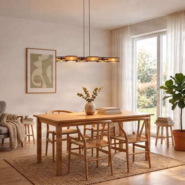 EMIBIG LIGHTING Závesné svietidlo DRUMZ, hnedé, dĺžka 100 cm, 6-pl., textilné, E14, Hnedá / hrdzavá, Obývacia izba / jedáleň, Textil / látka / hodváb, Moderný, Závesné svietidlo
