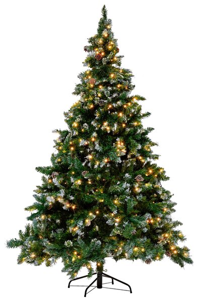 Umelý vianočný stromček 180 cm, zasnežený, šišky, čierný vianočný stojan