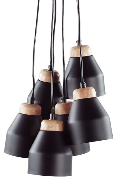 Závesná lampa čierny kov a svetlé drevo 6 tienidiel v tvare zvona moderné svietidlo