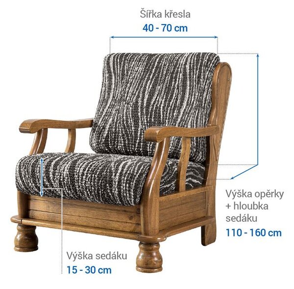 Bielastické poťahy UNIVERSO NOVÉ žíhané čiernobiele kreslo s drevenými rúčkami (š. 40 - 70 cm)