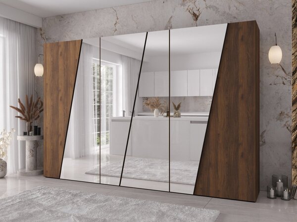 Mirjan24 Moderná skriňa so zrkadlom Grelipt 4L 300 cm, Farby: orech warmia / orech warmia + čierna 5903211532467
