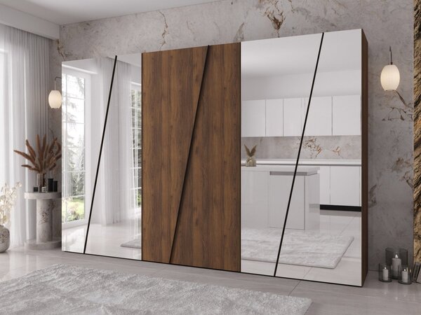Mirjan24 Moderná skriňa so zrkadlom Grelipt 4L 300 cm, Farby: orech warmia / orech warmia + čierna 5903211532467