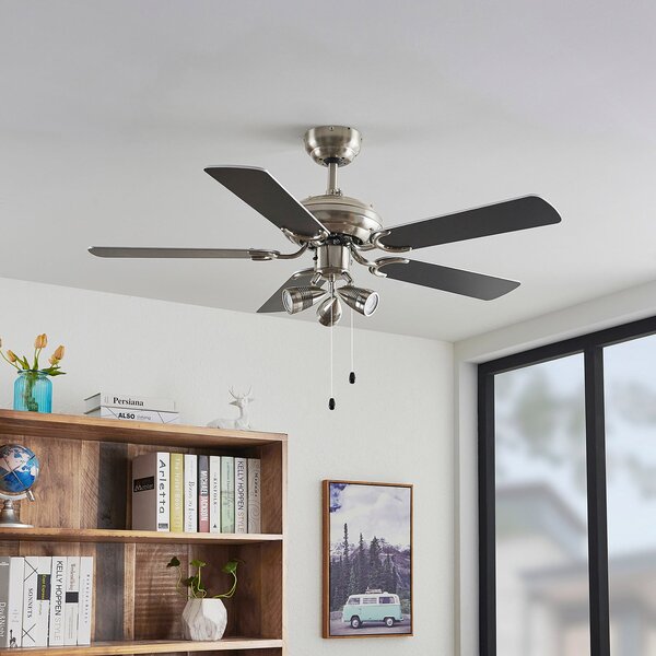 Stropný ventilátor Anariki so svetlom, tichý, strieborný – Lindby Lindby, Anariki, Metalická, Obývacia izba, Kov, Rustikálny