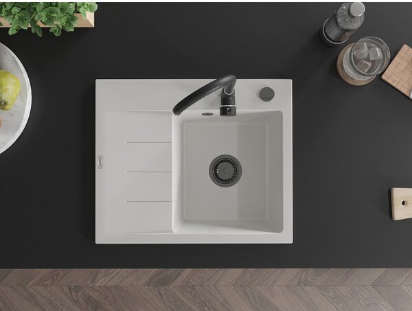 Mexen Ben, 1-komorový granitový drez 600x500x190 mm, pravý + čierny sifón, biela, 6523605000-20-B