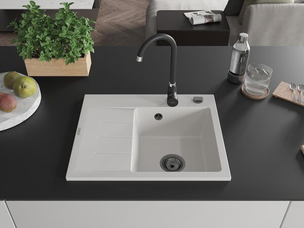 Mexen Ben, 1-komorový granitový drez 600x500x190 mm, pravý + čierny sifón, biela, 6523605000-20-B