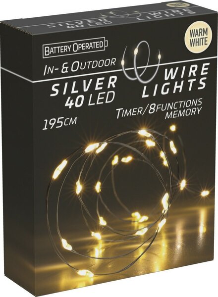 Svetelný drôt s časovačom Silver Wire, 40 LED, teplá biela, 195 cm