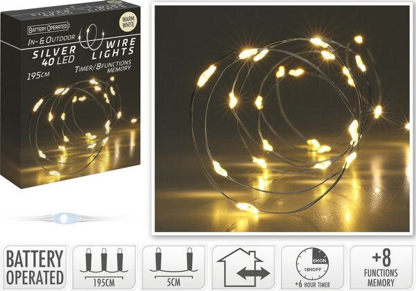 Svetelný drôt s časovačom Silver Wire, 40 LED, teplá biela, 195 cm