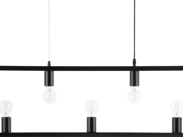 Závesná lampa s 5 žiarovkami čierny kovový obdĺžnikový rám elegantný industriálny štýl obývacia izba jedáleň