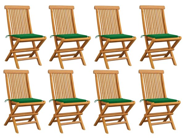 Záhradné stoličky so zelenými podložkami 8 ks tíkový masív