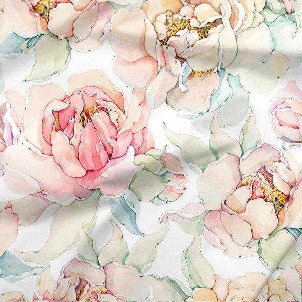 Ruže ružové na bielej dizajnová prémiová bavlna