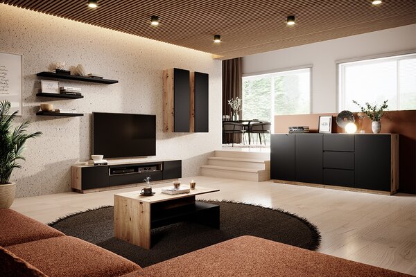 TV stolík Loftia 200 cm s otvorenou policou - dub artisan / čierny mat