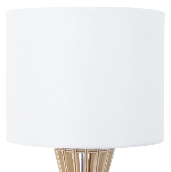 Stolná lampa biele látkové tienidlo svetlý drevený podstavec súčasné moderné svietidlo