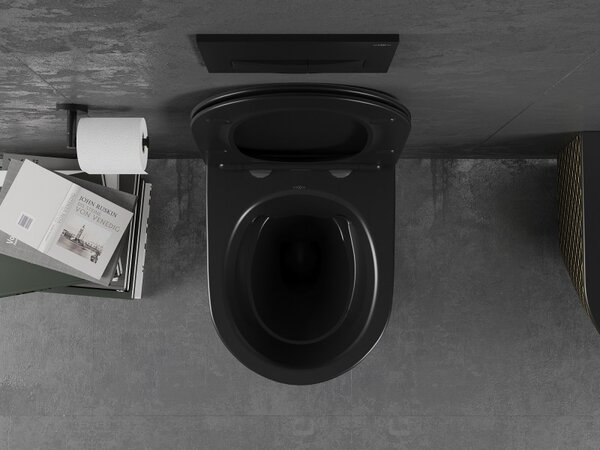 Mexen Lena WC misa Rimless so sedadlom s pomalým sklápaním slim, duroplast, čierna matná/zlatý vzor mriežky - 30224079