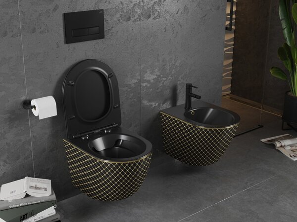 Mexen Lena WC misa Rimless so sedadlom s pomalým sklápaním slim, duroplast, čierna matná/zlatý vzor mriežky - 30224079