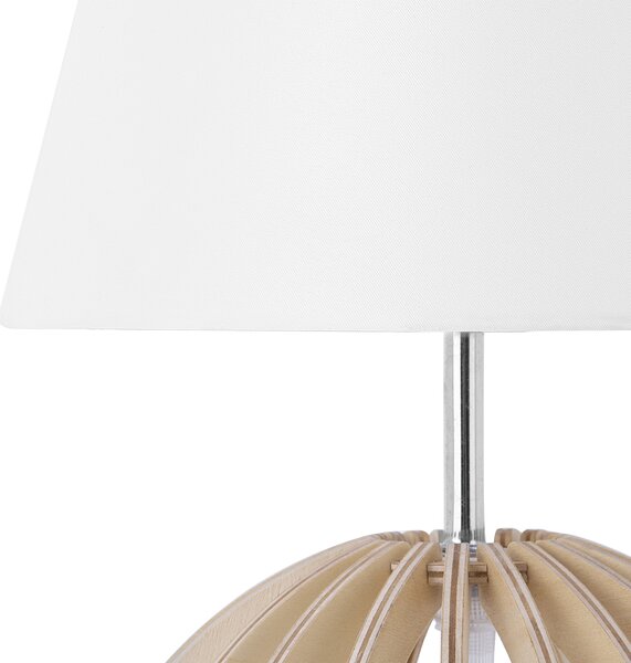 Stolná lampa svetlé drevo drevený podstavec biele látkové tienidlo okrúhly tvar moderný štýl obývačka spálňa