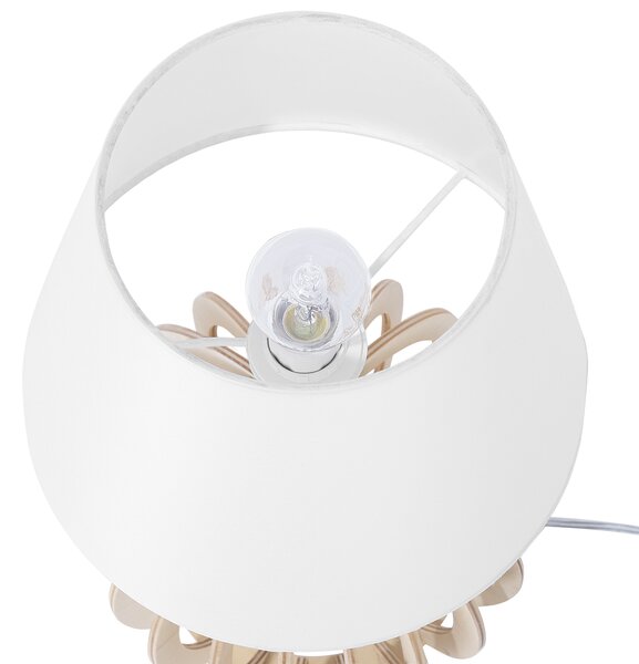 Stolná lampa svetlé drevo drevený podstavec biele látkové tienidlo okrúhly tvar moderný štýl obývačka spálňa