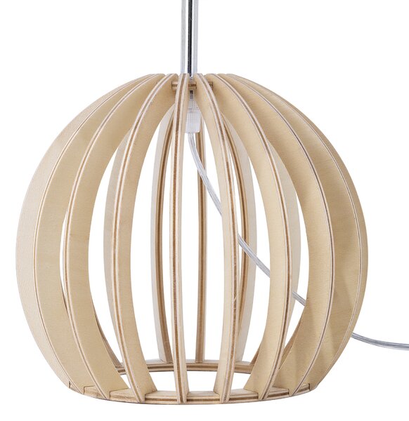 Stolná lampa svetlé drevo drevený podstavec biele látkové tienidlo okrúhly tvar moderný štýl obývačka spálňa