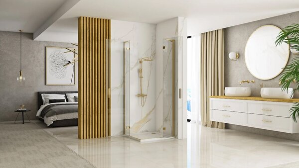 Štvorcový sprchový kút REA HUGO DOUBLE GOLD BRUSH 80x80, zlatý kartáčovaný/transparent - bez vaničky