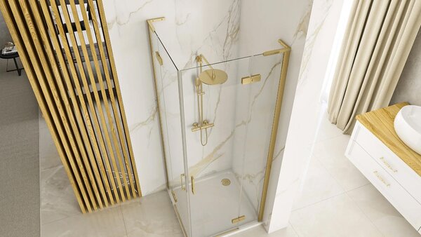 Štvorcový sprchový kút REA HUGO DOUBLE GOLD BRUSH 80x80, zlatý kartáčovaný/transparent - bez vaničky