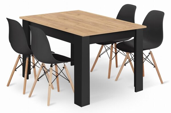 Jedálenská zostava stôl Artisan 120 x 80cm čierne nohy + 4 stoličky OSAKA čierne/ prírodné nohy