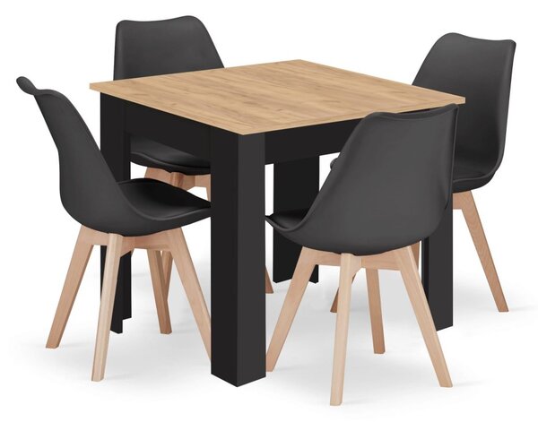Jedálenská zostava stôl Artisan 80 X 80 čierne nohy + 4 stoličky MARK čierne/ prírodné nohy