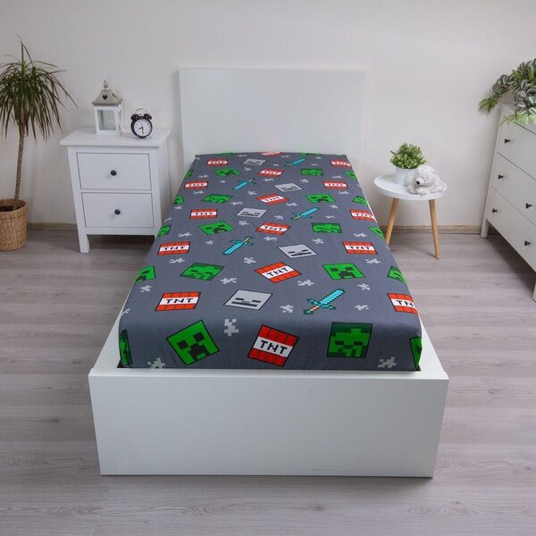 Sivá napínacia bavlnená detská plachta na jednolôžko 90x200 cm Minecraft "We got this" – Jerry Fabrics