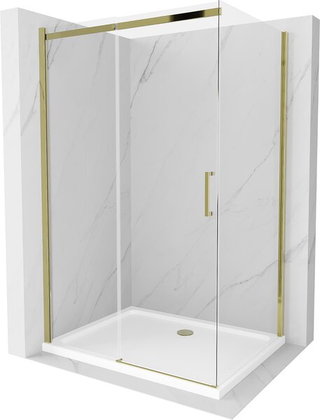 Mexen Omega, sprchovací kút s posuvnými dverami 110 (dvere) x 90 (stena) cm, 8mm číre sklo, zlatý profil + slim sprchová vanička 5cm, 825-110-090-50-00-4010