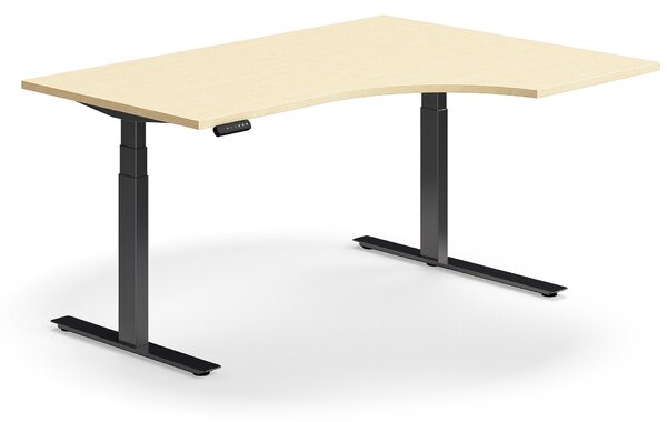 Výškovo nastaviteľný stôl QBUS, rohový, 1600x1200 mm, čierny rám, breza