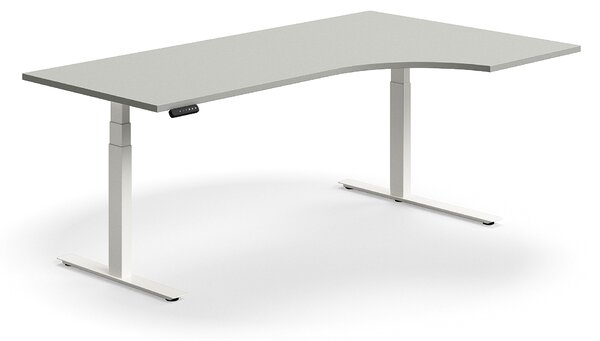 Výškovo nastaviteľný stôl QBUS, rohový, 2000x1200 mm, biely rám, svetlošedá