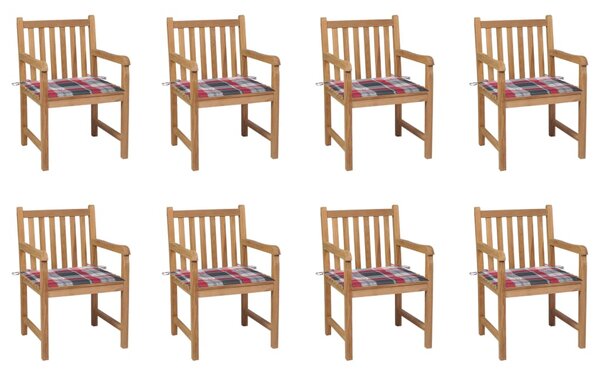 Záhradné stoličky 8ks, červené kockované podložky, tíkový masív