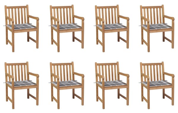 Záhradné stoličky 8 ks, sivé kockované podložky, tíkový masív