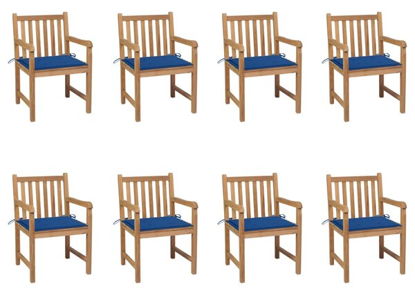 Záhradné stoličky 8 ks, kráľovsky modré podložky, tíkový masív