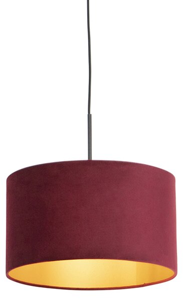 Čierna závesná lampa s velúrovým odtieňom červená so zlatou 35 cm - Combi