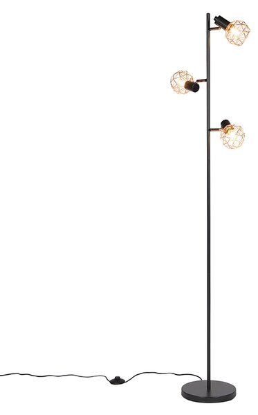 Stojacia lampa čierna s medenými 3-svetlami - Mesh