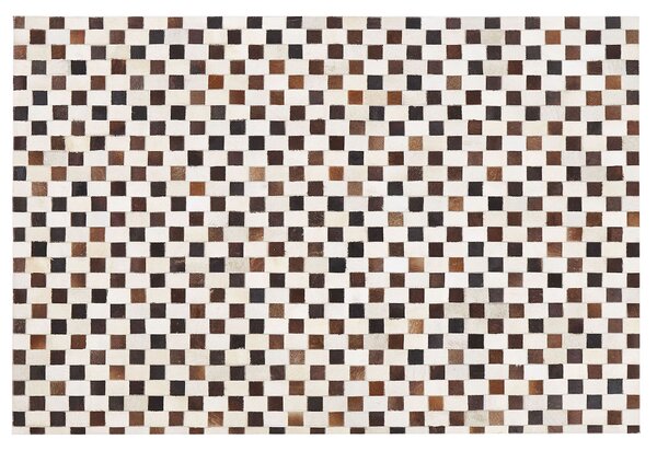 Koberec hnedý a béžový kožený 140 x 200 cm hovädzia koža geometrický patchworkový vzor