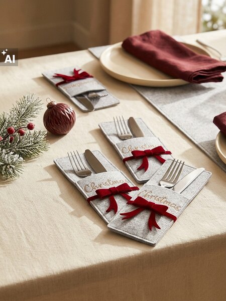 Sinsay - Vianočné puzdro na príbor s mašľou a nápisom Christmas - béžová